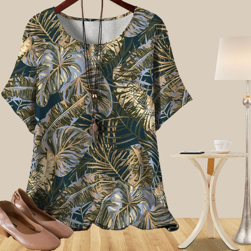 Women's Casual Loose Spring Shirt Women's Short Sleeve Graffiti Sketches Plants Printed Tops