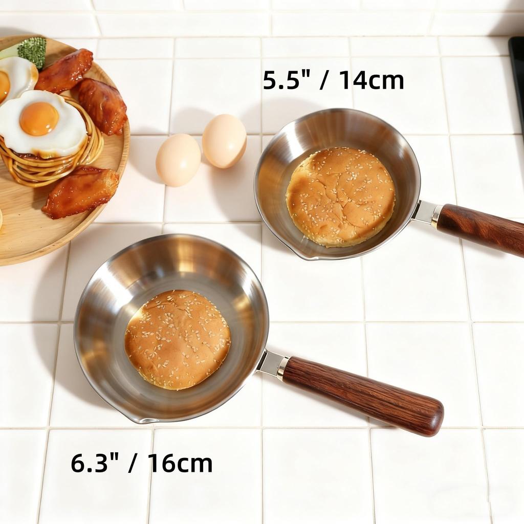 IMEEA Mini Frying Pan 15cm SUS304 Stainless Steel IH Compatible with Spout and Wooden Handle Perfect for Single Serving or Lunch Boxes (Walnut) -