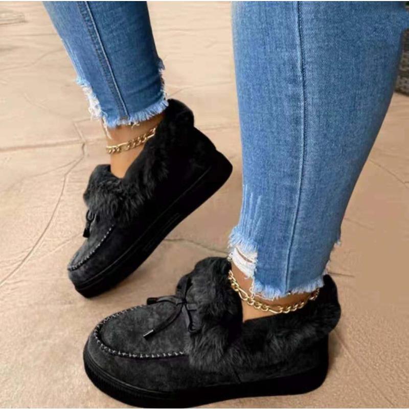Women's Cotton Shoes, Winter Bow Warm Shoes, Flat-soled Large-size Fluffy Shoes, Large-size Women's Shoes