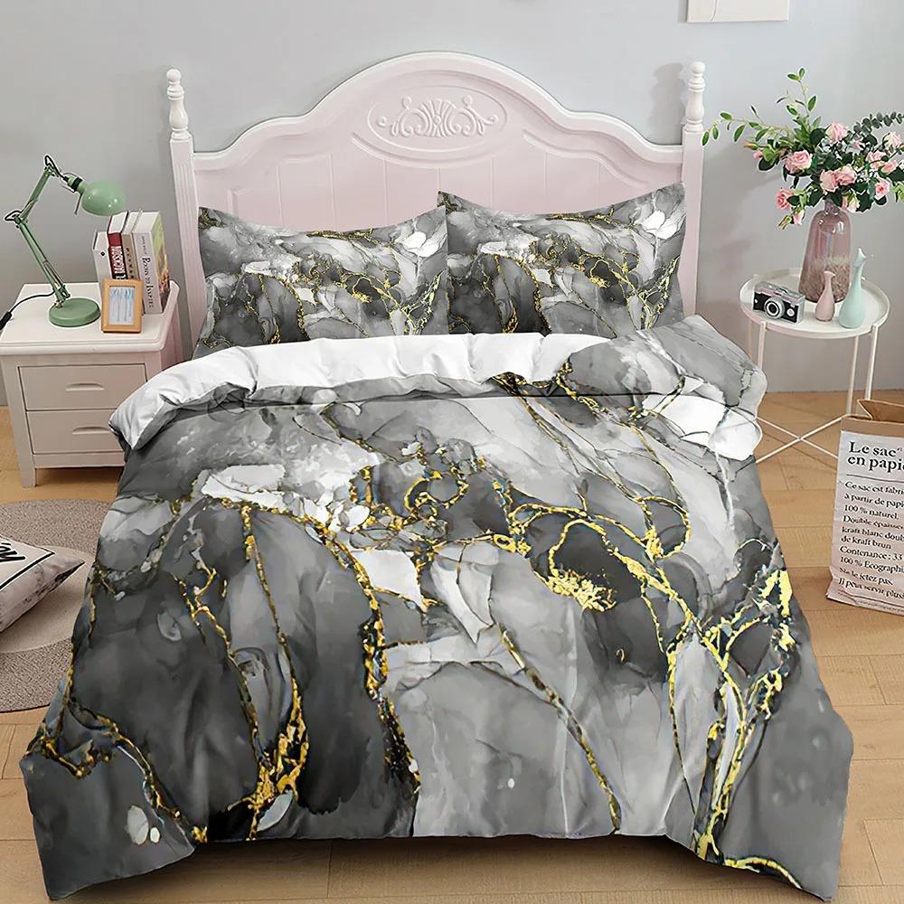 Marble Bedding Set King Queen Size Grey Gold Duvet Cover Modern Abstract Art Gothic Soft Quilt Cover for Adults