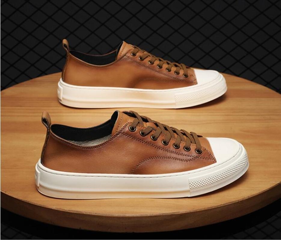 British Style Minimalist Shoes For Men Fashion Casual Genuine Leather Walking Lace-Up Soft Bottom Flat Designer Board Shoes
