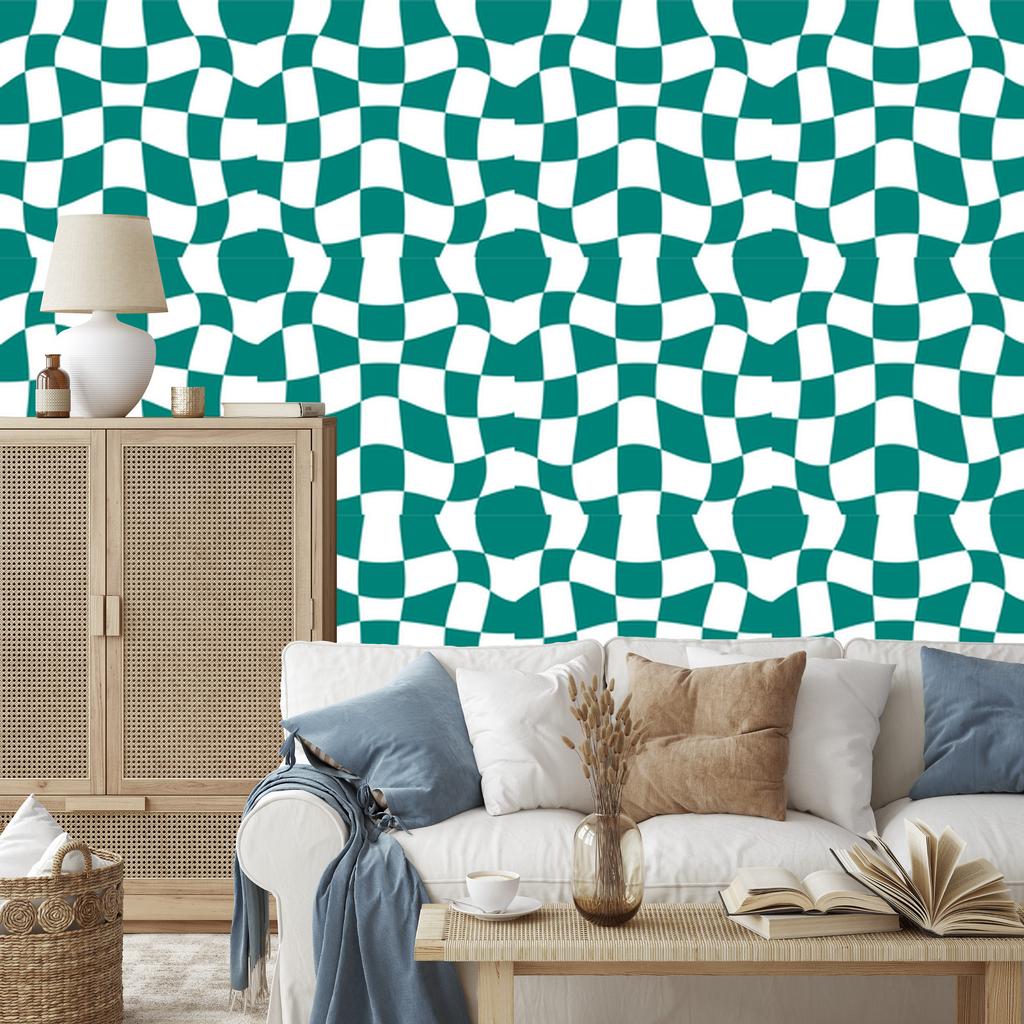 Wallpaper Casual checkerboard turquoise, white, celadon and mint 50x1000