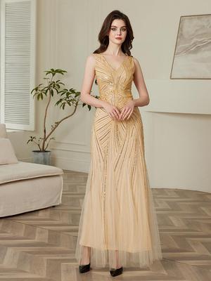 Sequin Evening Gown: Elegant Waist-Hugging Party Dress