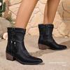 European and American  Embroidered Pointed Thick Heel Western Short Boots Women's Large Size Foot Set Thick Heel Fringed Short Fashion Leather Boots