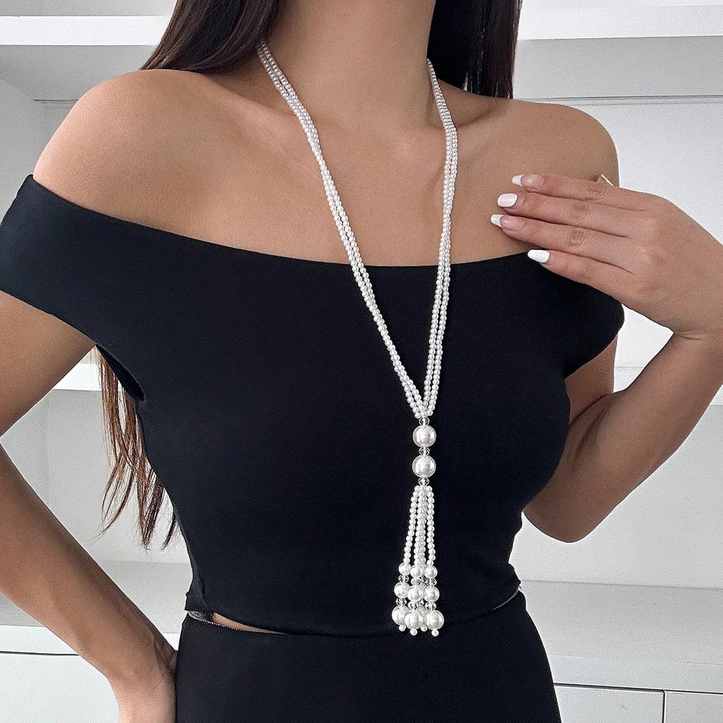 Módní bílý náhrdelník s imitací perel Temperament Jednoduchý dlouhý korálkový křišťálový řetízek na klíční kosti Náhrdelníky svetr Příslušenství