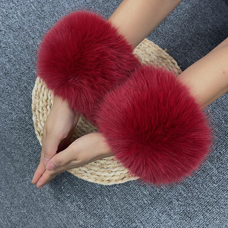 Mânuși de damă din blană artificială de iepure și vulpe, cu manșete strânse