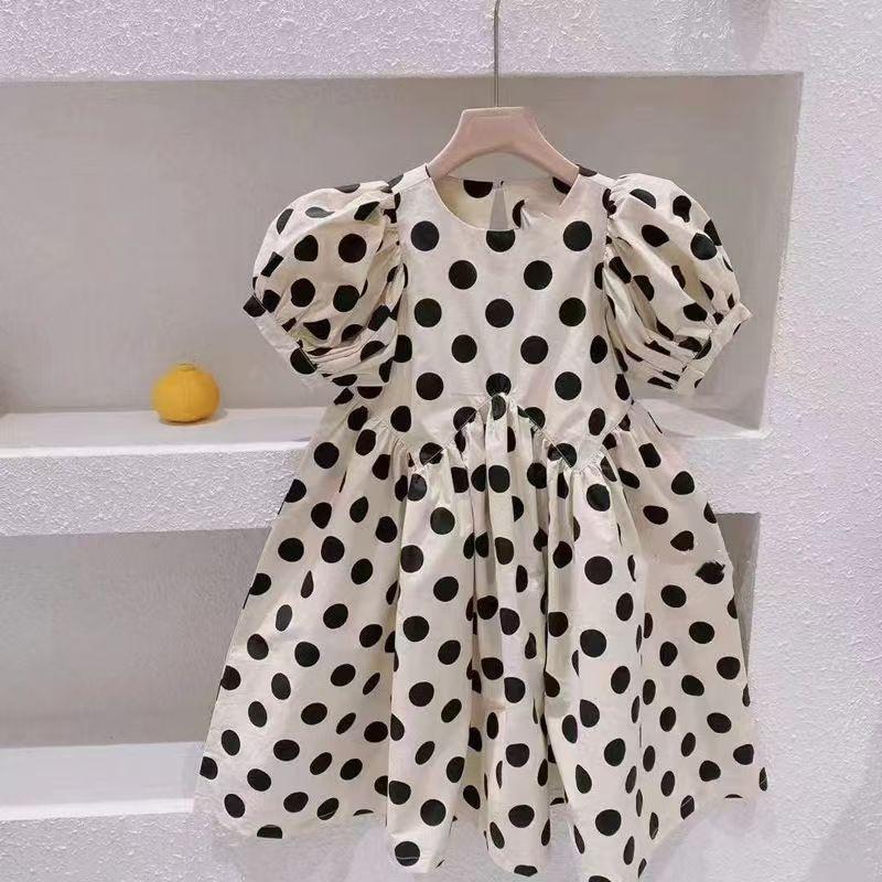 Girls Cotton Polka Dot Bubble Sleeve Princess Dress Summer Stylish Kids Dress 90