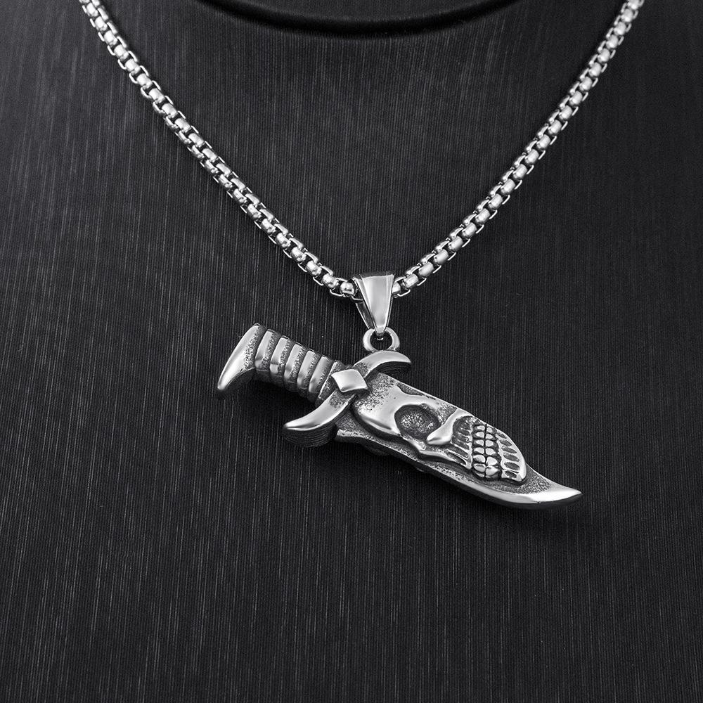 Men's Necklace Stainless Steel Dagger Skull Pendant Vintage Hip-hop Jewelry Copper Color Male Neck Chain Punk Jewelry