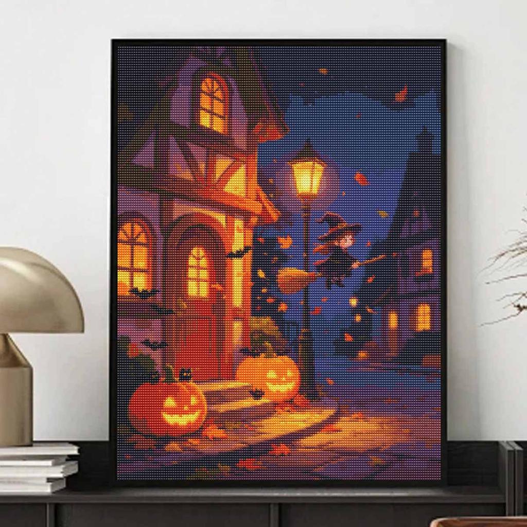 DIY 5D Diamond Painting Kit Halloween Witch Flying On Broomstick Full Drill Rhinestone Canvas Relaxing Craft for Home Wall Decor