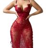 Women’s Sexy Red Lace Flared Hem Teddy, Sheer Cut-Out Bust Bodycon European and American Erotic Sleep Dress