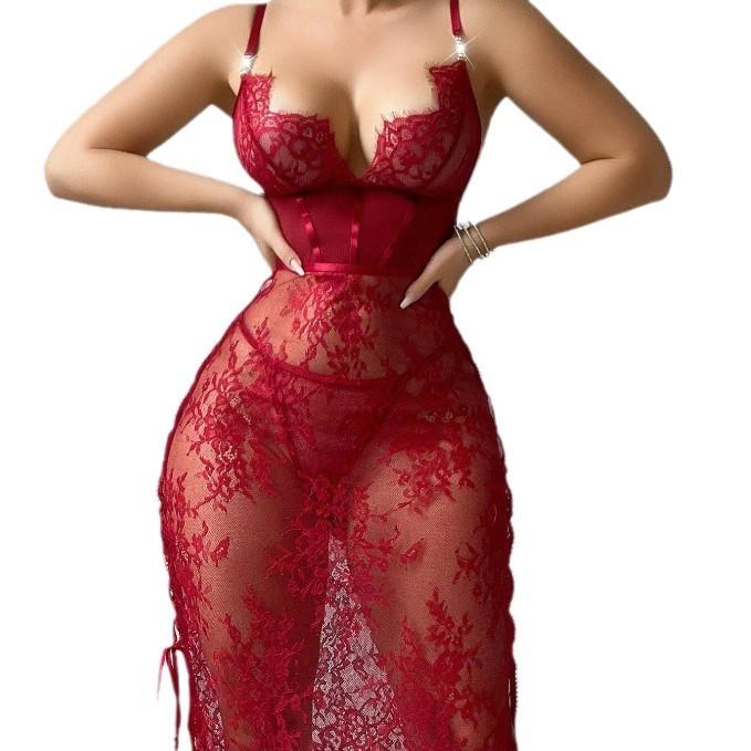Women’s Sexy Red Lace Flared Hem Teddy, Sheer Cut-Out Bust Bodycon European and American Erotic Sleep Dress