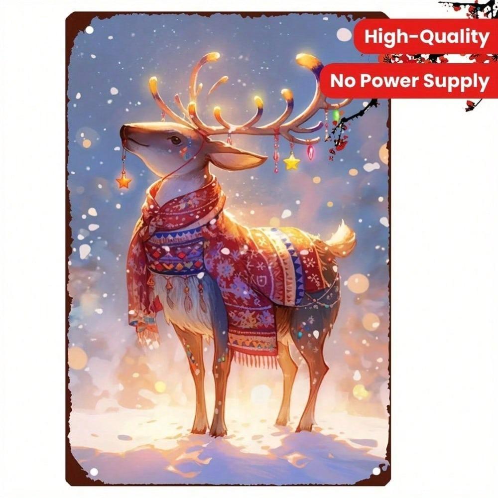 Retro Metal Reindeer Sign 2D Flat Christmas Wall Art Rustproof Tin Painting for Home Bar Indoor Outdoor Decor