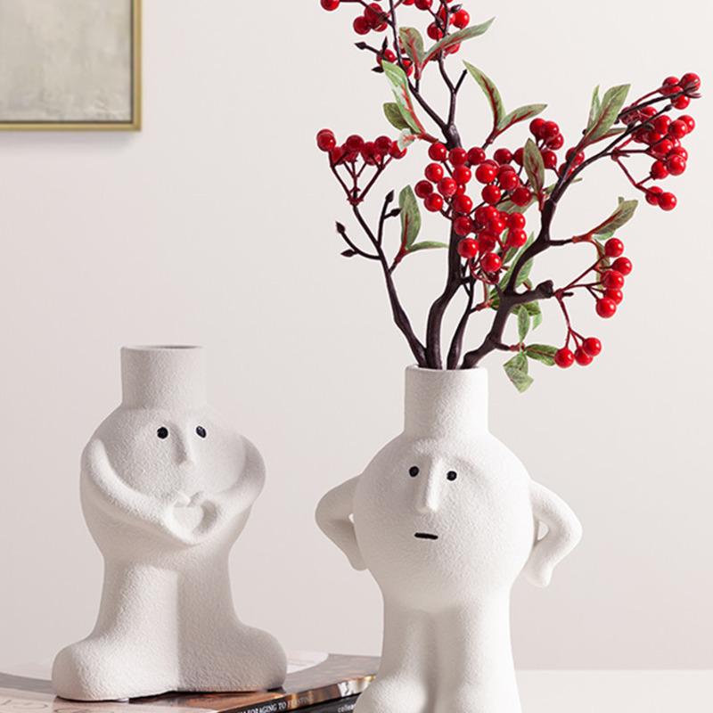 White Ceramic Vase Nordic Human Shape Flower Pot Modern Art Dry Flower Holder Living Room Desktop TV Cabinet Home Decor Ornament