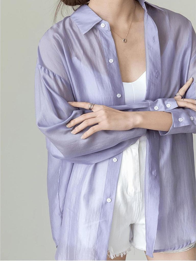 Yuoku Sheer Summer Long Loose UV Lightweight Shirt with Back Sun Shiny Sheer One Size Fits Women's Shirt, Blouse, Sleeve, Fit, Casual, Protection,