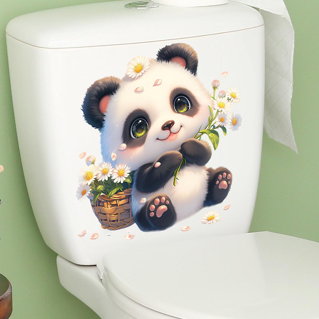 Cute Cartoon Panda with Sunflowers Toilet Sticker Self-Adhesive Removable for Bathroom Home Decor