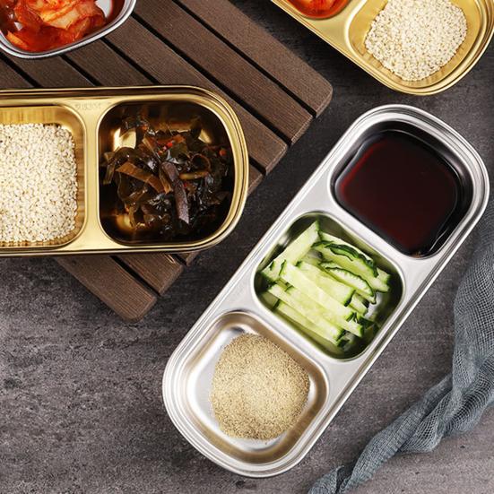 Stainless Steel Dipping Tray with 3 Compartments Easy to Clean Stackable Sauce Bowl Organizer Rack Tableware