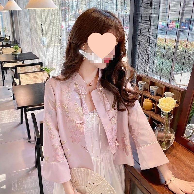 Women's Pink Hanfu-Style Short Jacket with Frog Buttons and Embroidery - Spring/Autumn
