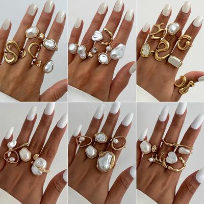 Set di anelli lucidi in metallo liquido con senso del design, Anello aperto in perle sintetiche barocche