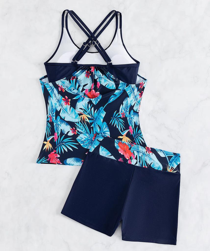 Damskie Stroje Kąpielowe Wzory Kontrastujące Szorty z Szelkami Split Bikini Strój Kąpielowy Odzież Plażowa Stroje Kąpielowe