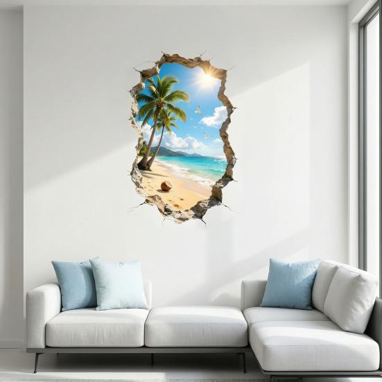 Yousheng 3D Broken Wall Ocean View Sticker, Coconut Tree Beach Decorative Decal, Waterproof Peel-And-Stick Wall Art for Living Room, Bedroom,