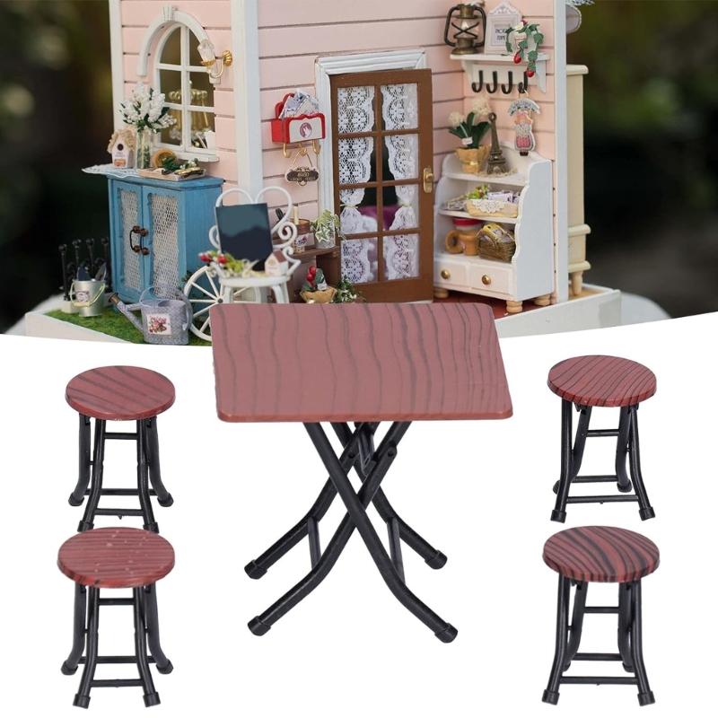 Collapsible Miniature Table And Chairs Set Realistic 1/12 Dollhouses Accessories With Detailing
