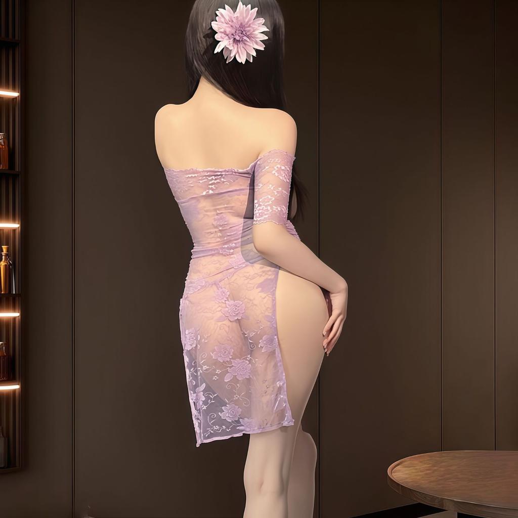 One-word shoulder perspective cheongsam erotic underwear female sexy pure desire to show buttocks free open-ended nightdress female hottie