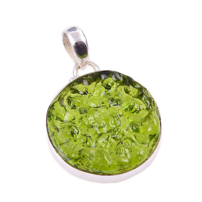 Natural Natural Moldavite Gemstone 925 Solid Silver Two Tone Pendant 1.25" H0l01