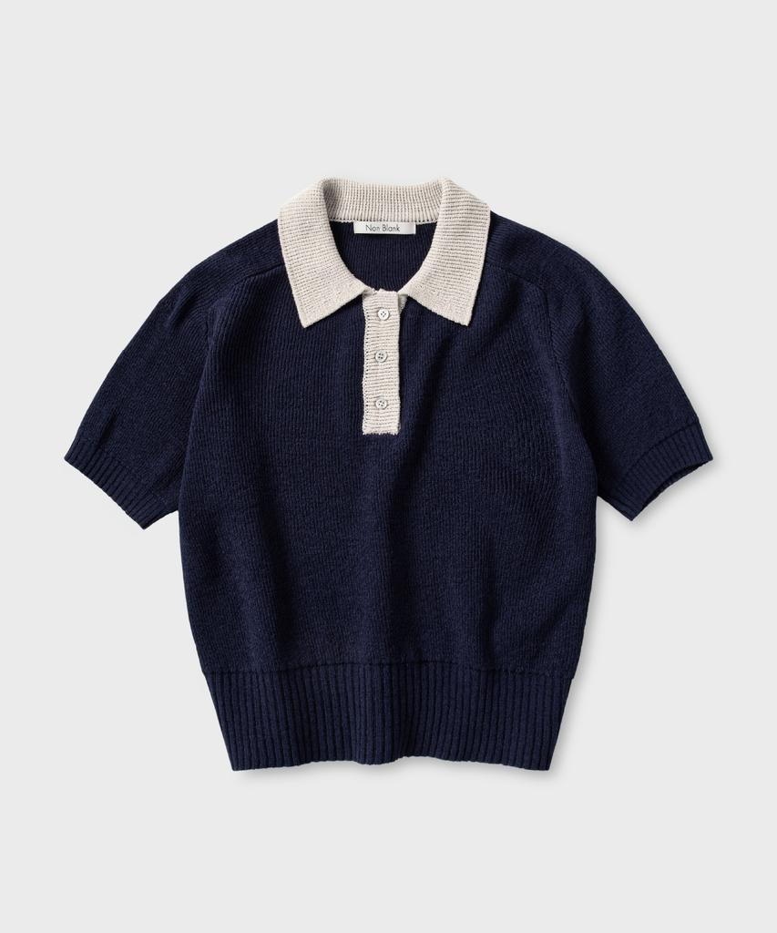 NONBLANK Raglan Half Sleeve Collar Crop Knit_Navy
