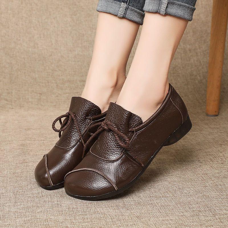 Leather beef tendon soft sole non-slip single shoes women's autumn new flat bottom retro mother women's shoes comfortable casual shoes