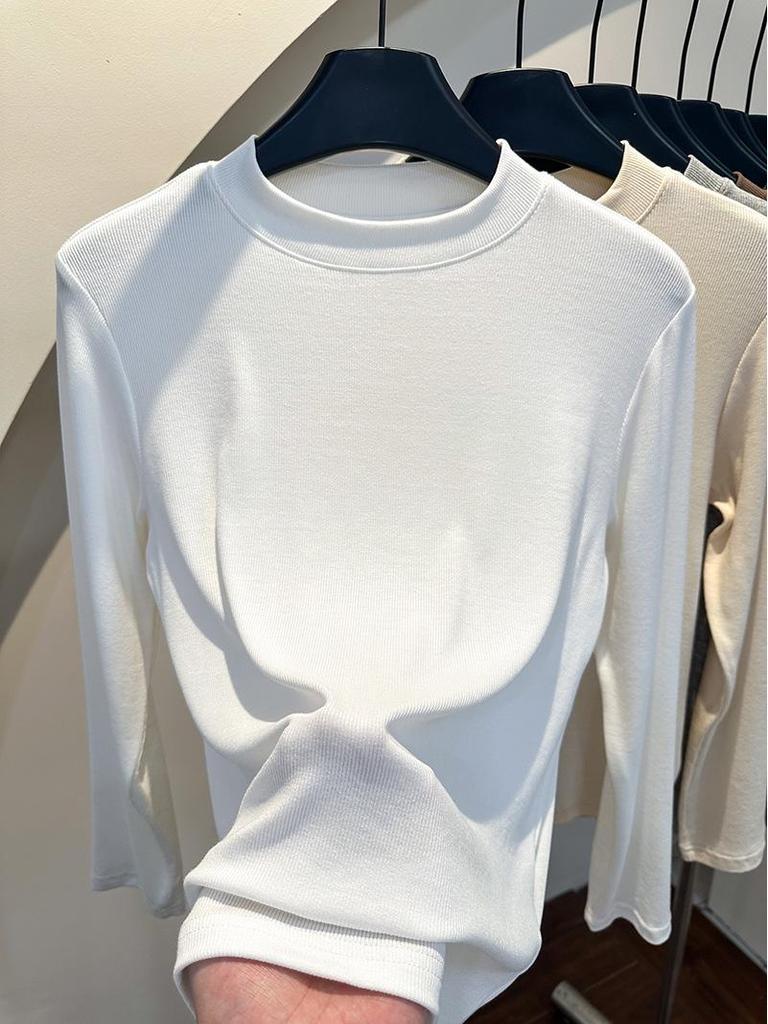 Trendy Women's Ribbed Cotton Stand-Up Collar Long Sleeve Base Shirt for Spring 2025