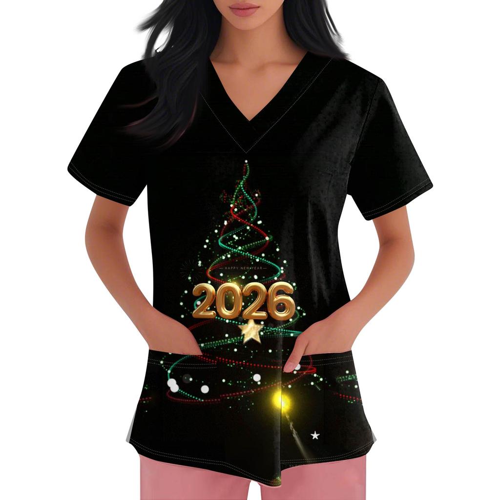 Women's Fashion Printed Short Sleeve V Neck Pattern Tops Pocket Working T-shirts