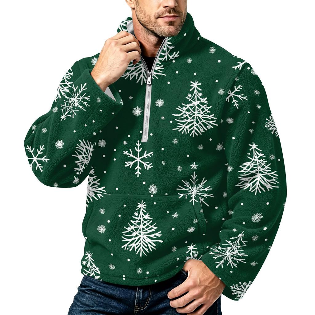 Men's Christmas Print Flannel Zip-Up Sweatshirt with Stand Collar, Plus Size Casual Top for Fall Winter
