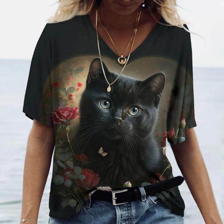Women's Kawaii Cat Print 3D T Shirt Short Sleeve V Neck Tees Casual Holiday Top Female T Shirt