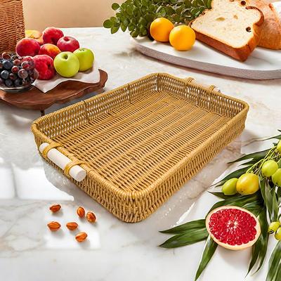 Handwoven Rectangular Plastic Serving Trays with Handles, Woven Wicker Bread Fruit Snacks Food Serving Baskets for Home Kitchen