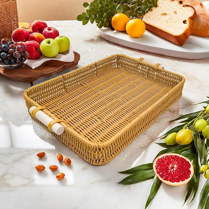 Handgeflochtene Rechteckige Serviertabletts aus Kunststoff mit Griffen, Gewebte Korbweiden-Brot-, Obst-, Snack-, Lebensmittel-Servierkörbe für Zuhause, Küche