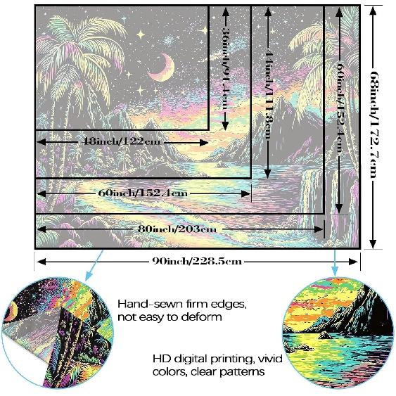 Lifeella Blacklight Landscape Tapestry, Glow in the dark UV Reactive Beach Lake Wall Decor, Aesthetic Palm Tree Art for Bedroom Living Room, 36x48