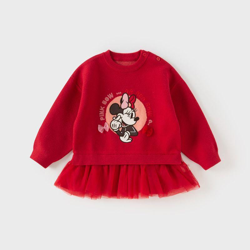 Disney Ip David Bella Girls  Sweater Pullover Winter Kidsren s Baby Class a New Year Red Knitwear Red [Ready Stock] 100