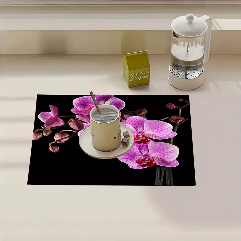 1Pcs Rubber Drying Mat With Retro Moroccan Orchid  Print For Coffee Shop Kitchen Carpet Tableware Durable Diatom Mud Table Mat Pet Mat Coffeeware