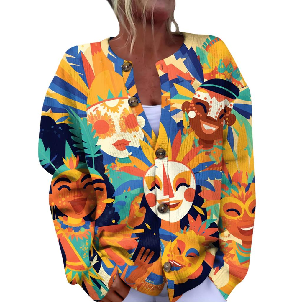 Dámský módní festivalový pletený kardigan s dlouhým rukávem a zapínáním na knoflíky