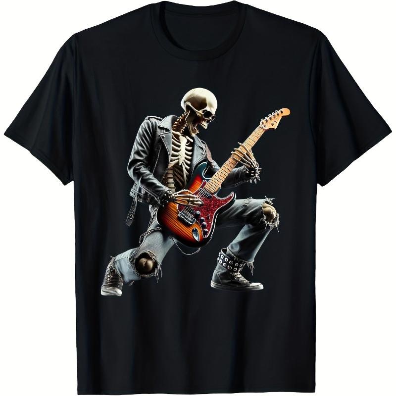 Retro Rock T-shirt, Black Background Red Guitar Skull Print Men's T-shirt Summer Straight Tube