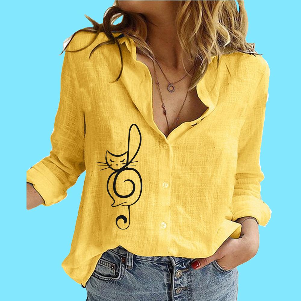 

Женская модная блузка с длинным рукавом, женская стойка с принтом, повседневная рубашка из хлопка и льна на пуговицах 5XL жёлтый