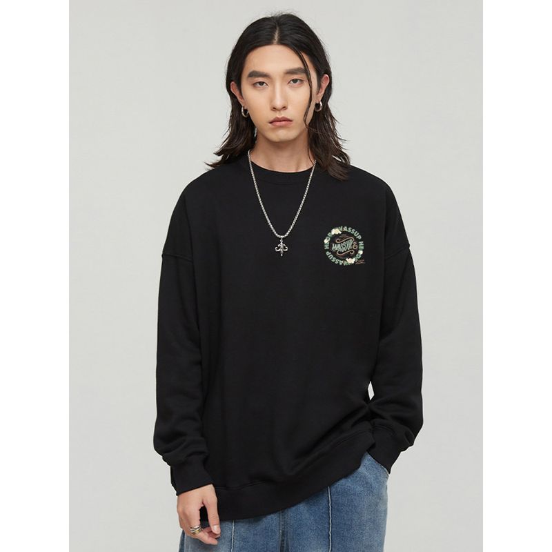 Wassup Rose Circle Letter Trendy Brand Crew Neck Sweatshirt for Men, New Heavyweight Pullover Top for Couples in Spring and Autumn