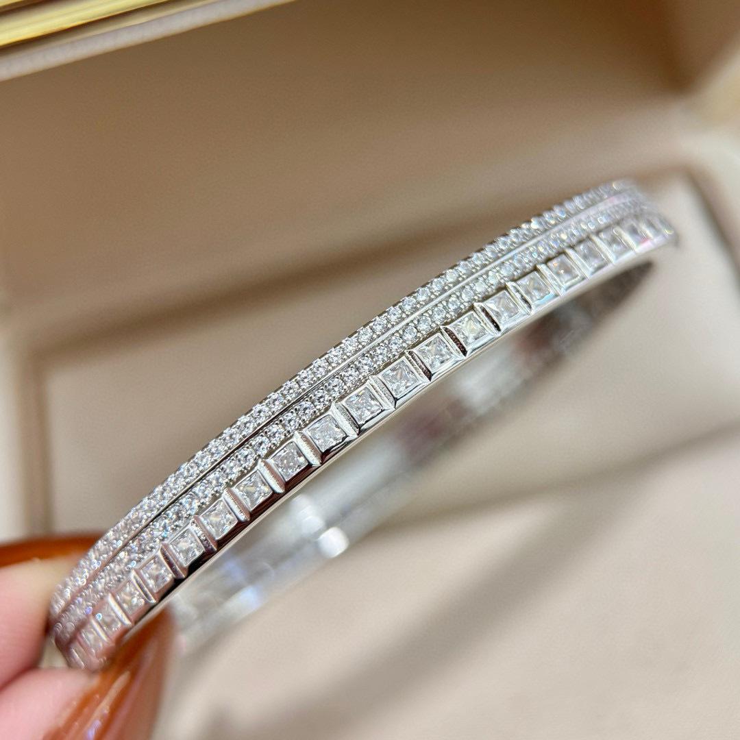 New Vintage 100% Pure 925 Sterling Silverbangles Pave Aaa Zircon Double Row Square Bracelet For Women Luxury Fine Jewelry