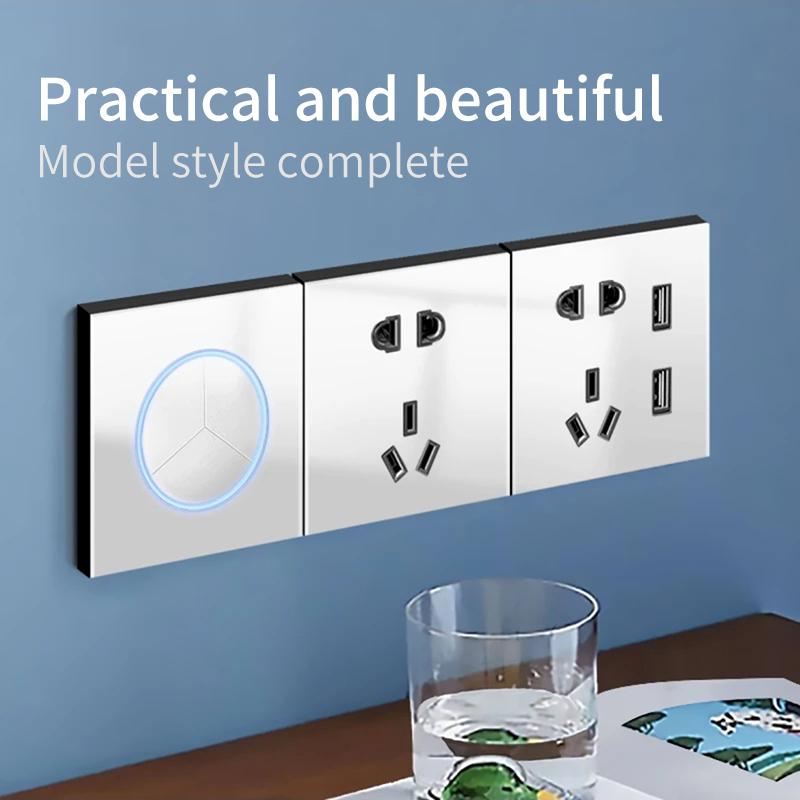 White Glass Panel Switch Button Surround Indicator Light EU UK Standard Circular Reset Switch Socket Office Home Villa Hotel