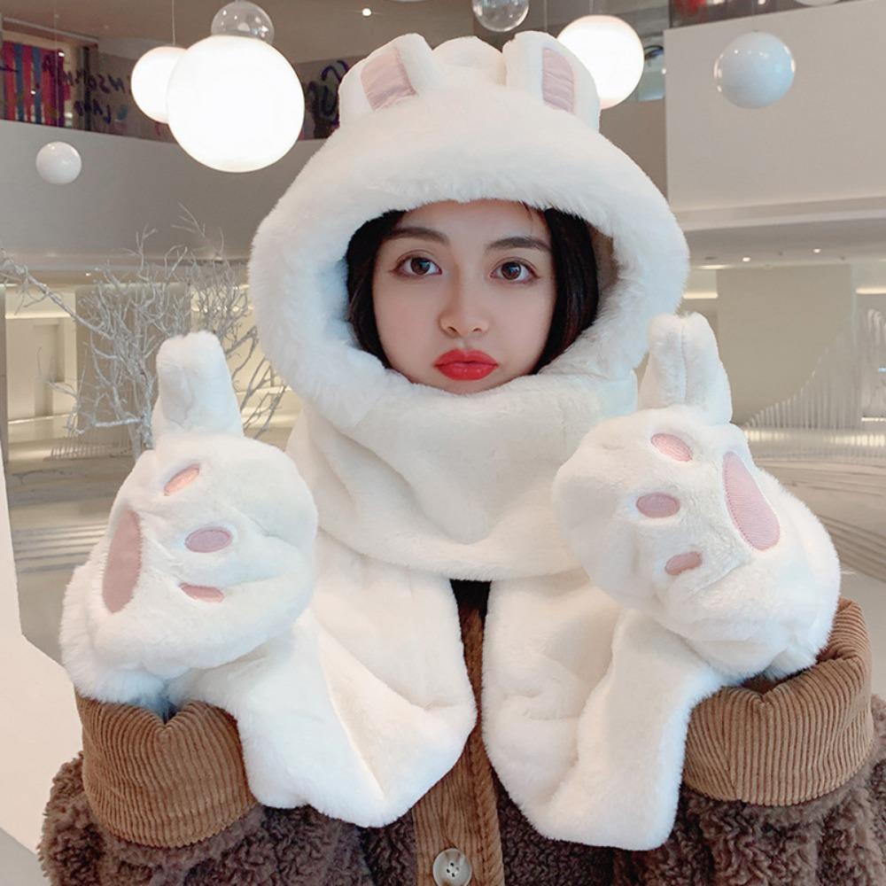 Windproof Integrated Cap Scarf Gloves Soft Plush Neck Warmer Winter Beanie Hat Scarf  for Women