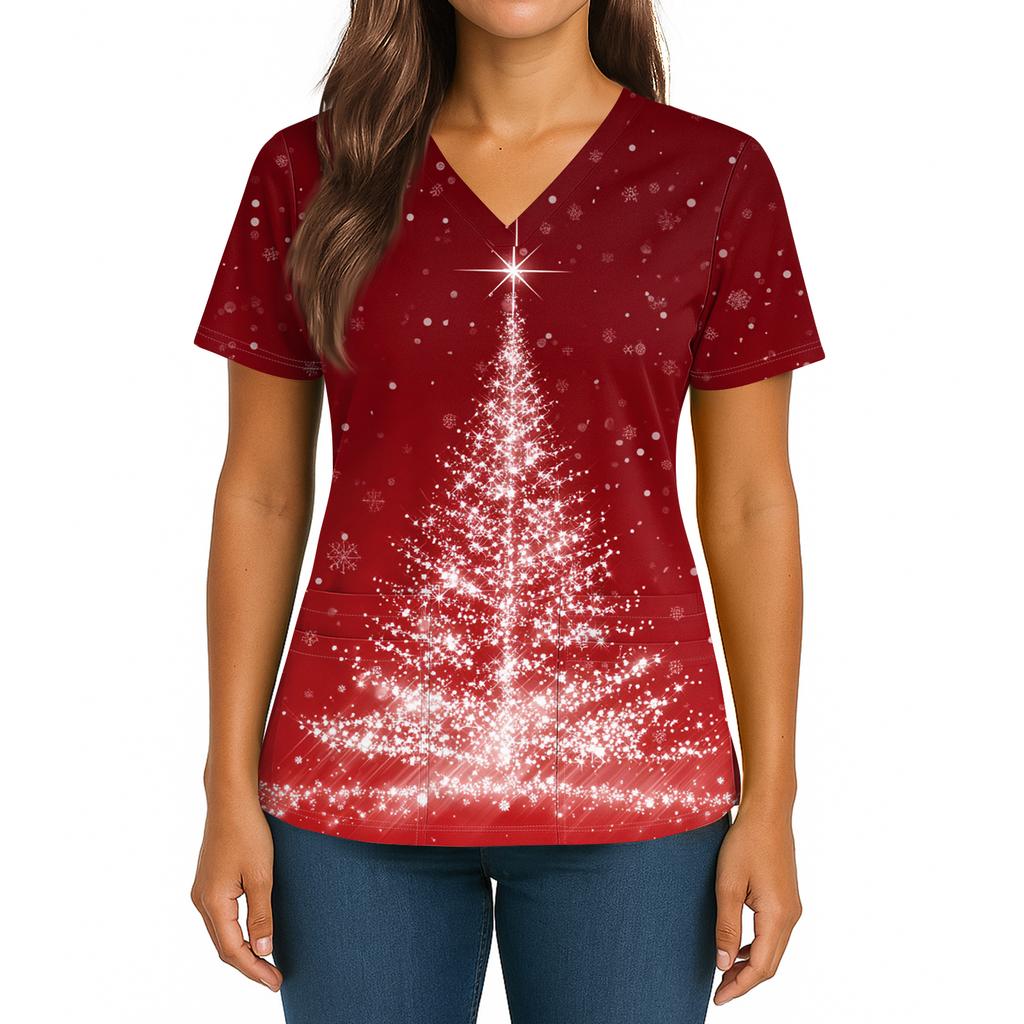Women's Christmas Print V-Neck Double Pocket Short Sleeves Hem Slit  Uniform And Caregiver Top