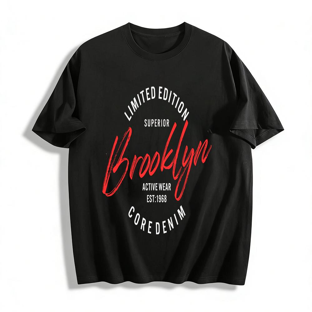 Brooklyn Handwritten Print Casual Loose Fit Crew Neck T-Shirt Pure cotton T-shirt XXS