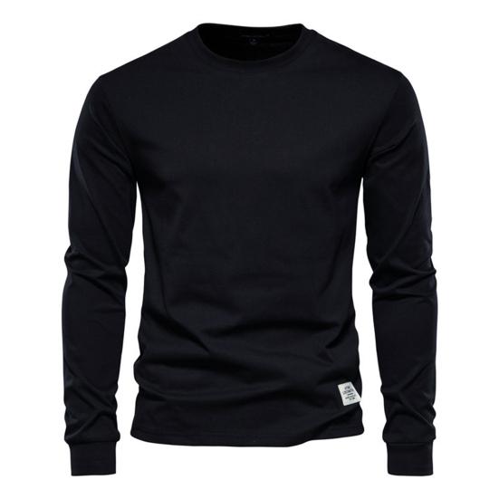 Men Tops Solid Color Cotton Pullover Comfortable Anti-pilling Crew Neck Elastic Cuff
