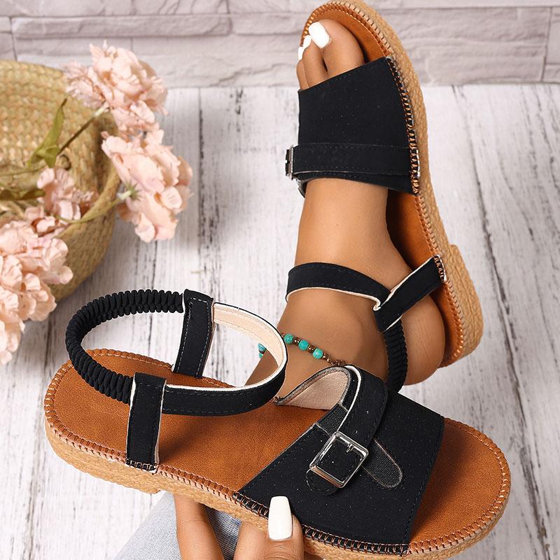 Fashion Retro Buckle Decor Flat Sandals for Women Plus Size Soft Sole Non Slip Slippers 2025 Summer Light Comfort Platform Beach Shoes