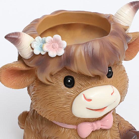 Highland Cow Planter Pot Cute Animal Resin Flower Pot with Drainage Hole Small Scottish Cow Planter for Boho Home Desk Patio Decor